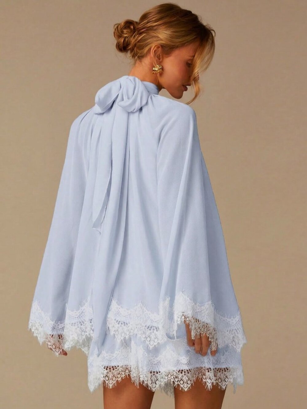 Baby Blue Elegant Women's Long Sleeves Lace detailed Mini Dress